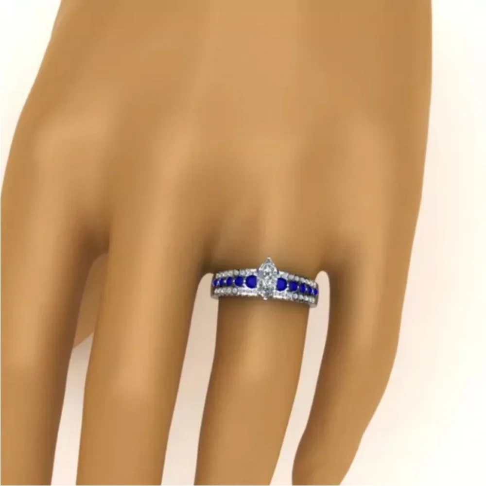 Gorgeous New Sterling Silver Blue White Sapphires Marquise Cut Ring
